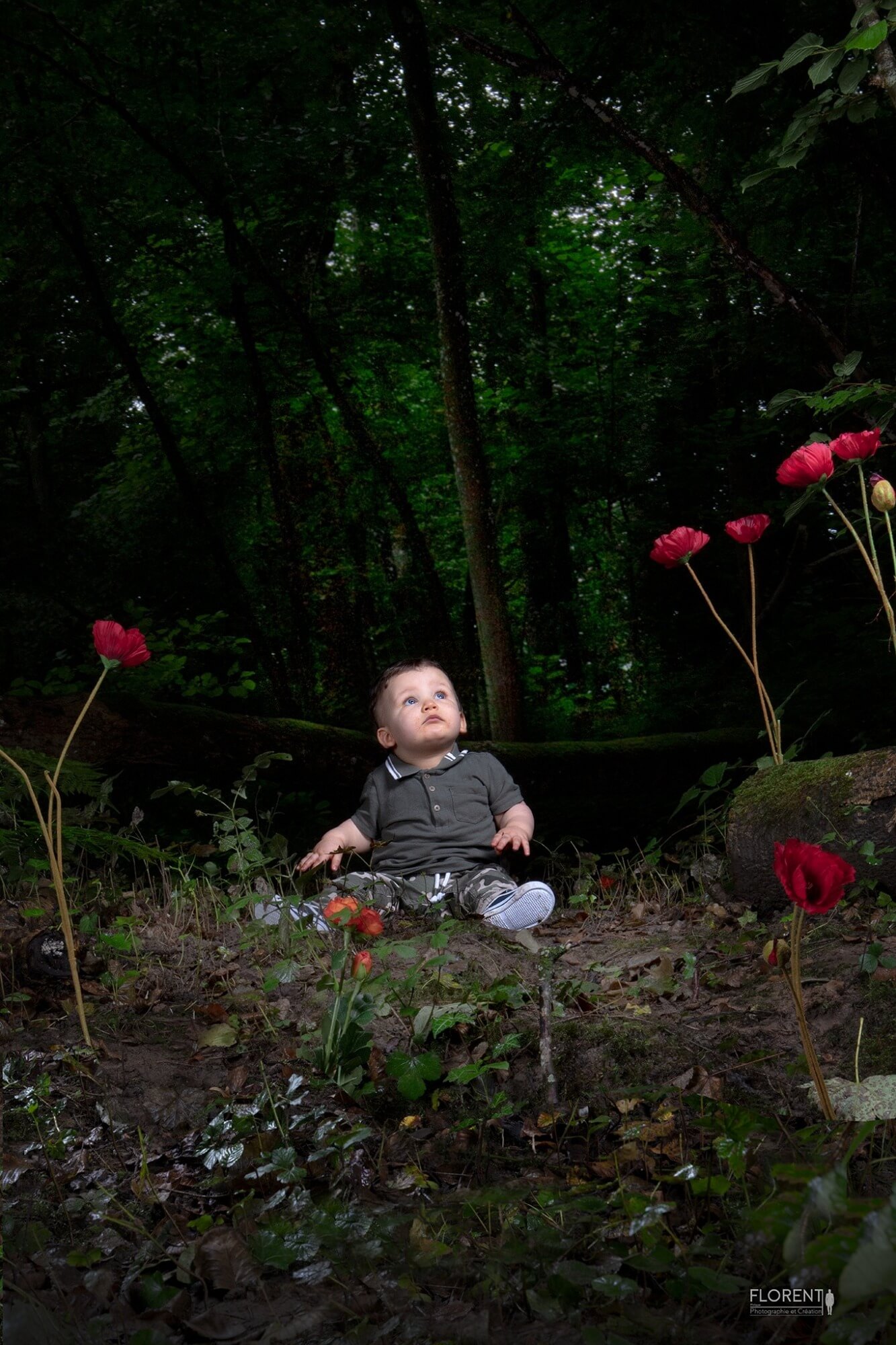 photo bébé enfant en forêt assis au bord de la riviére au milieu des coquelicots florent studio boulogne sur mer lille paris le touquet